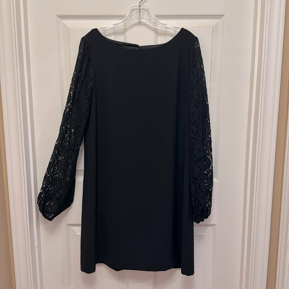 Black, A-line dress with lace sleeves.